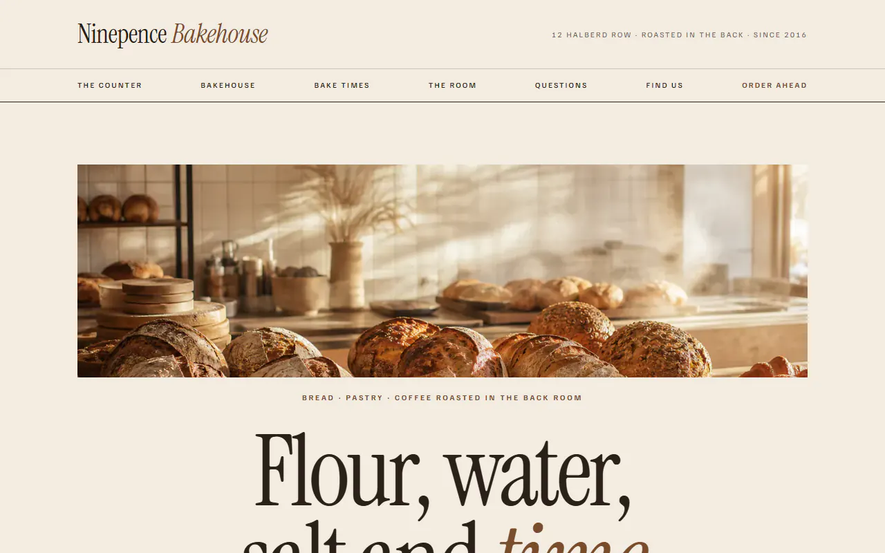 Ninepence Bakehouse, a Dashing template that suits food and drink businesses