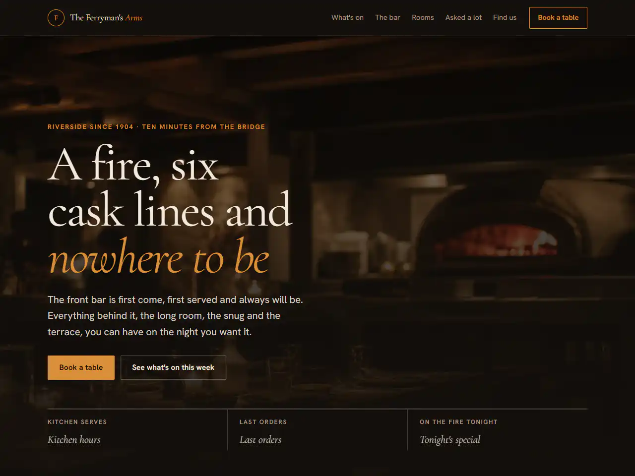 The Ferryman's Arms, a Dashing template that suits food and drink, events businesses