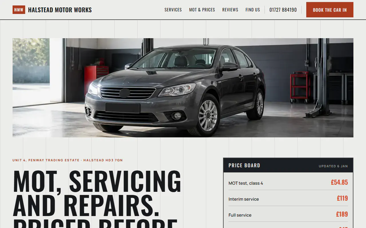 Halstead Motor Works, a Dashing template that suits automotive businesses