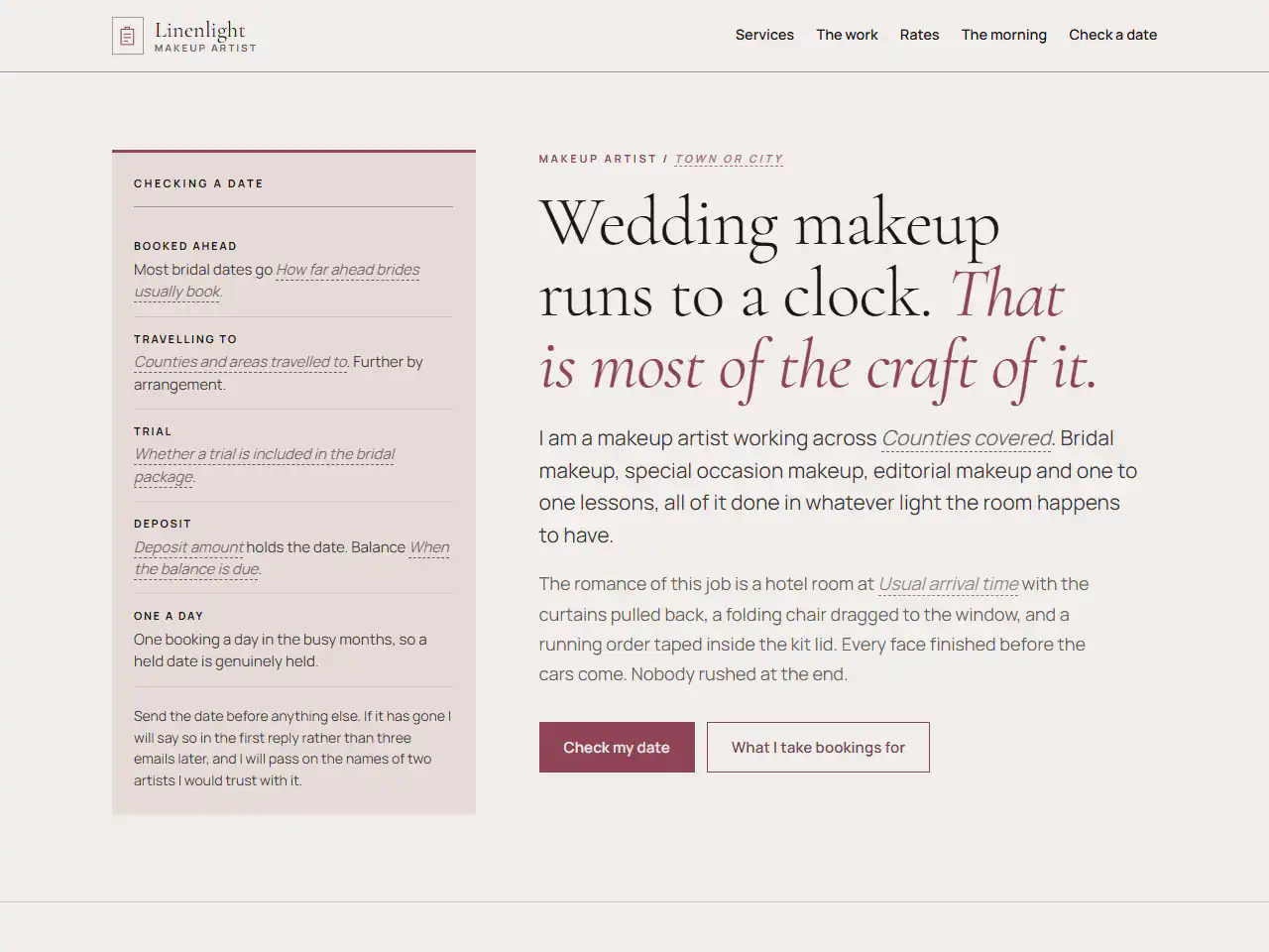 Linenlight Makeup Artist, a Dashing template that suits beauty, creative, professional services, events businesses